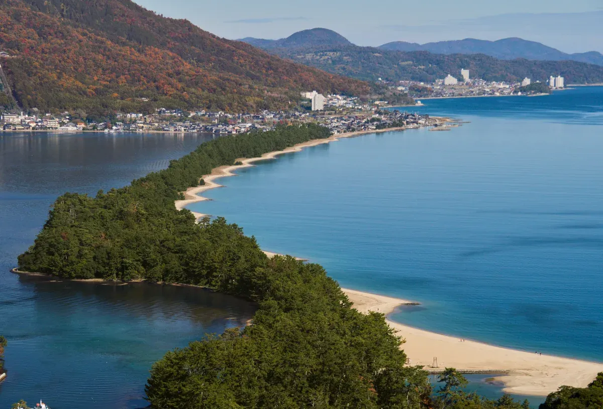 Amanohashidate sandbar from above on an Amanohashidate, Ine Funaya and Miyama day tour from Kyoto