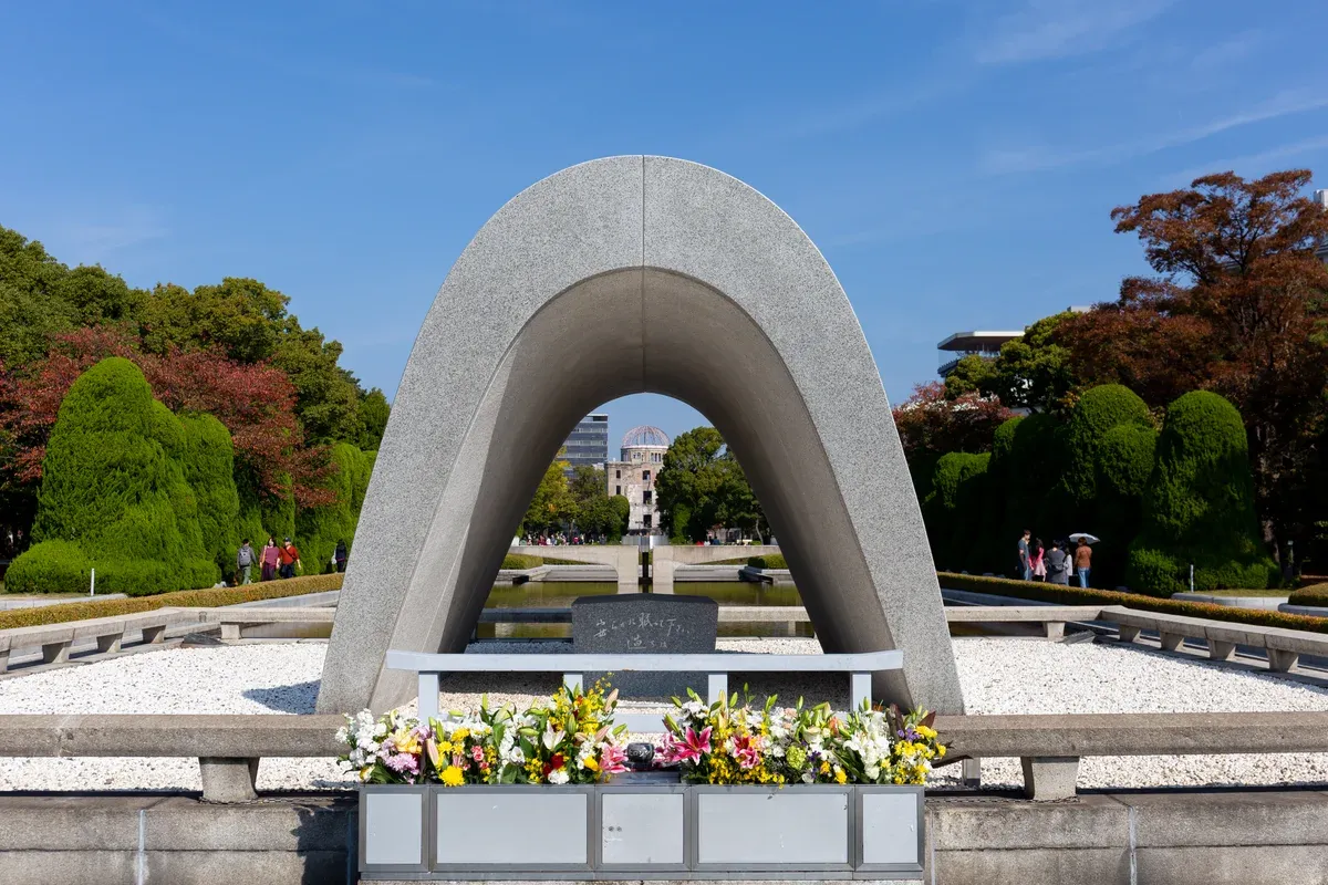 Cenotaph in Hiroshima Peace Memorial Park on a day trip from Kyoto to Hiroshima