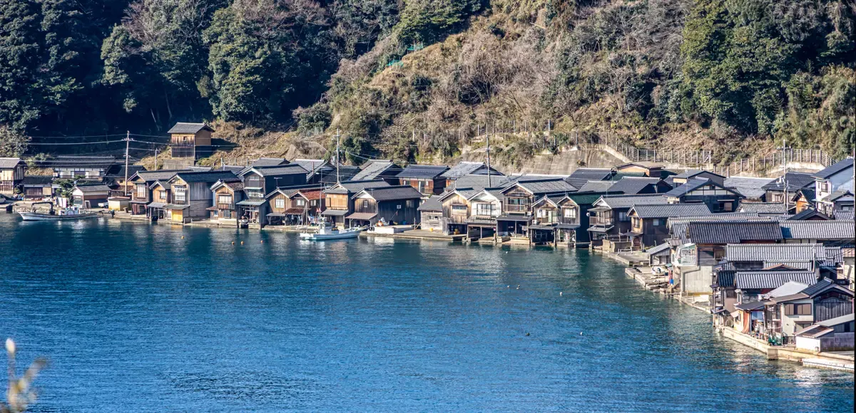 Funaya boathouses along Ine Bay on an Amanohashidate and Ine Funaya bus day trip from Kyoto