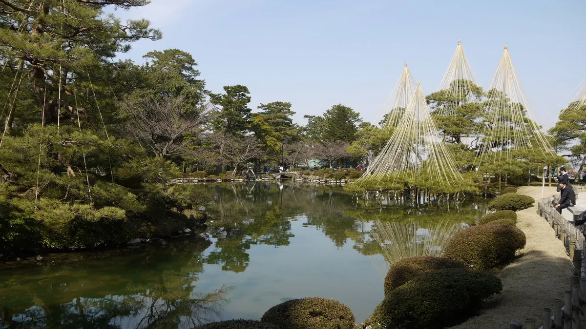 Kenroku-en pond and rope-supported pines in Kanazawa on a three day trip from Kyoto